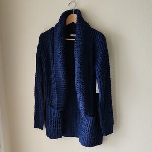 DEX Navy Blue Chunky Waffle Knit Cardigan Open Front Zip Shawl Collar Sz S NWT